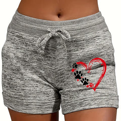 Heart & Paw Print Drawstring Shorts Women's Casual Shorts