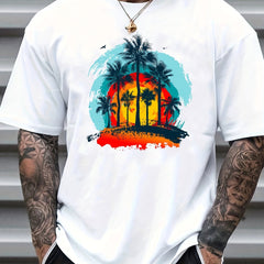 Coconut Palm & Sunset Print Men's Graphic Crew Neck T-shirt