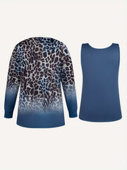 Ombre & Leopard Print Cardigan & Tank Top 2 Piece Set