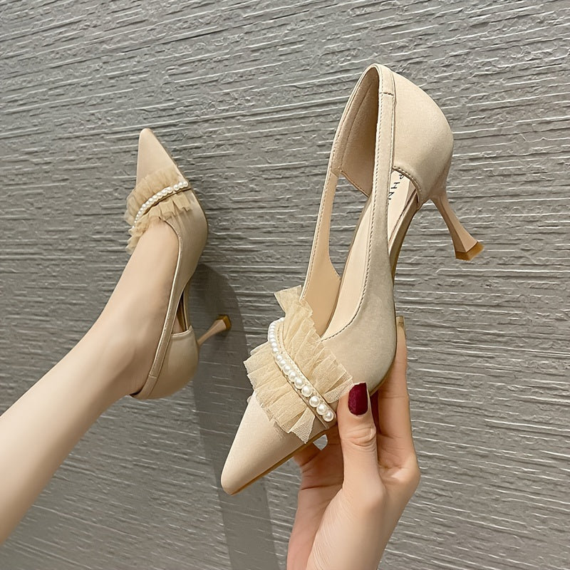 Pearl Stiletto Heels Point Toe Pumps Cutout Heels