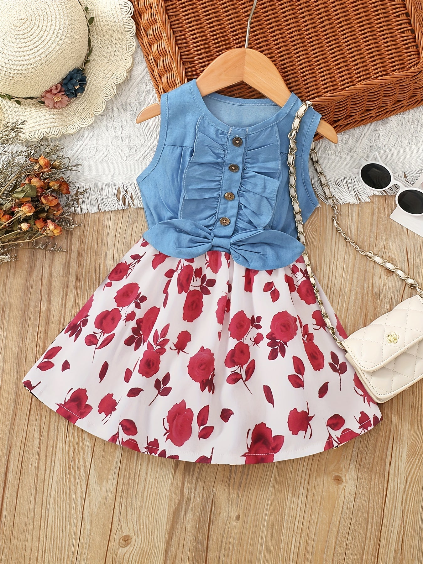 Girl's Sleeveless Denim Leopard Print Dress