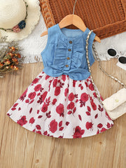 Girl's Sleeveless Denim Leopard Print Dress