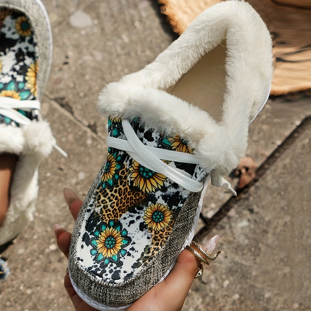 Women's Sunflower Print Fleece Low Top Warm Shoes Lightweight Outdoo