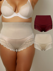 2 Pack Plus Size Panties Set Women's Plus Contrast Lace High Rise Tummy Control