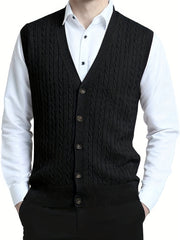 Men's Knit Cable Cardigan Vest V Neck Button Up Casual Vintage Style