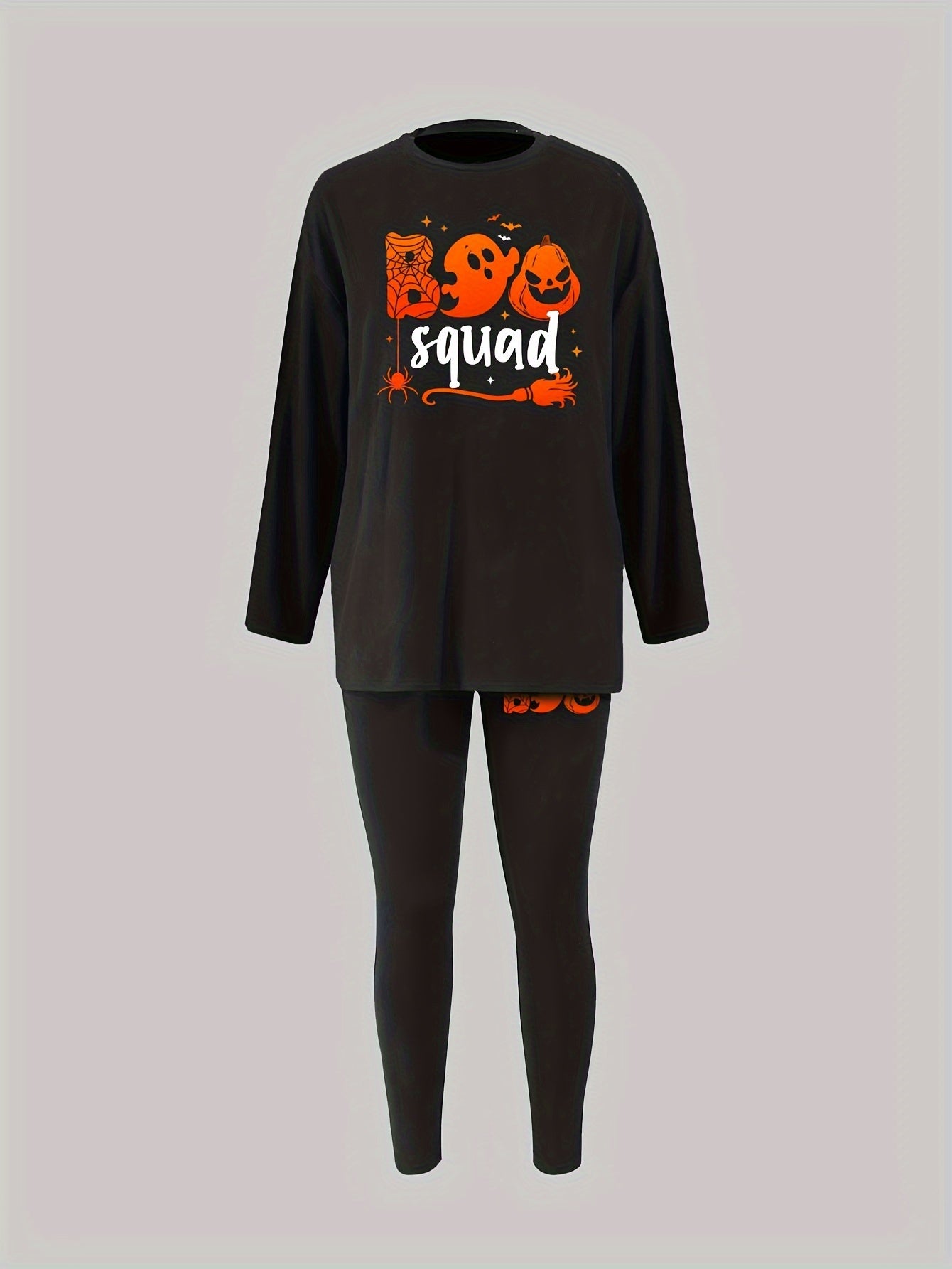 Women's Plus Halloween Pajama Set Ghost & Pumpkin Print Tee & Leggings Two Piece