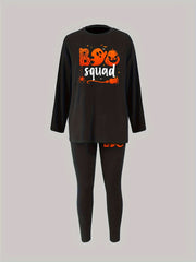 Women's Plus Halloween Pajama Set Ghost & Pumpkin Print Tee & Leggings Two Piece
