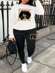 Figure Print Sweatshirt & Drawstring Sweatpants Set Women's Plus