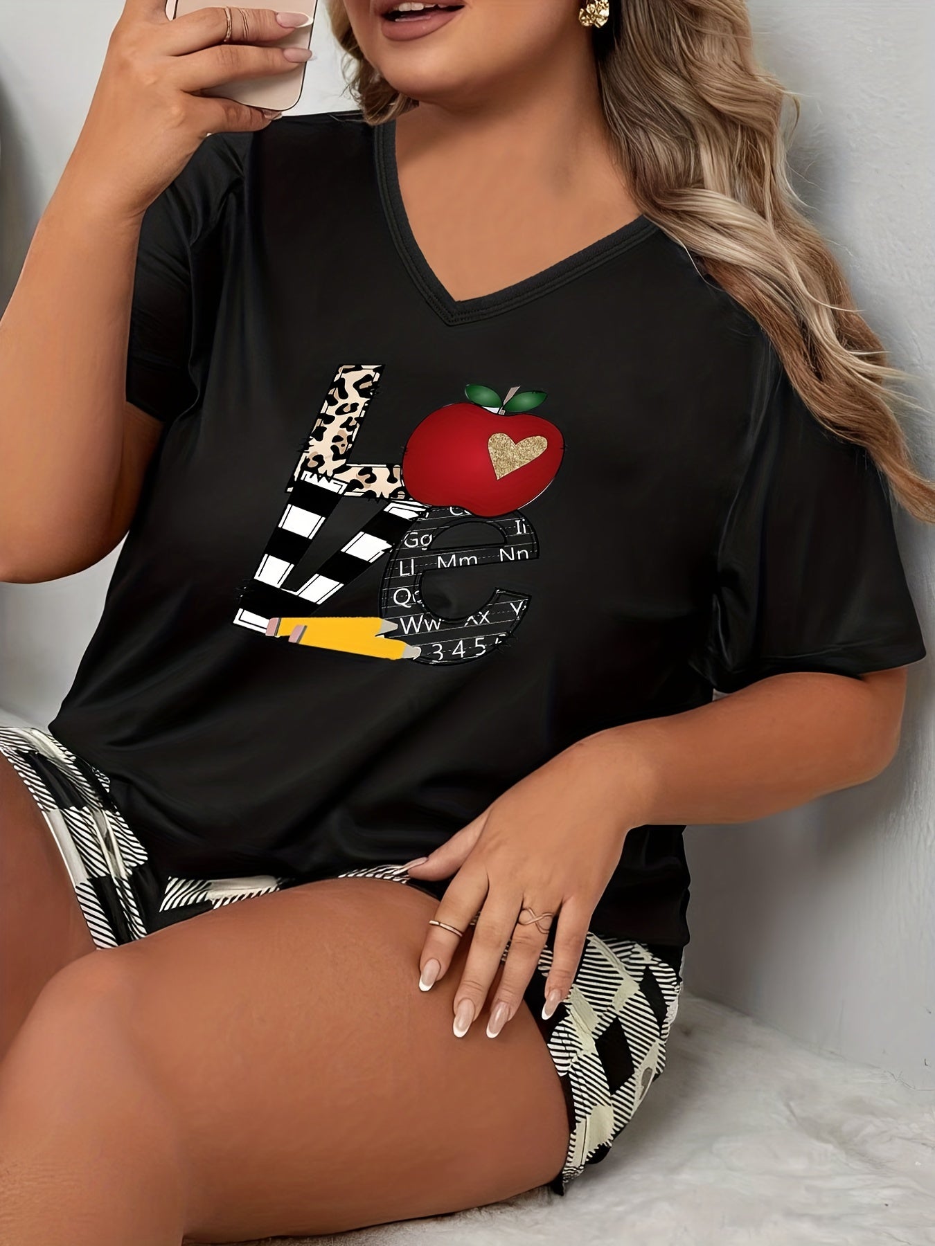 Bear Print V-Neck Pajama Top