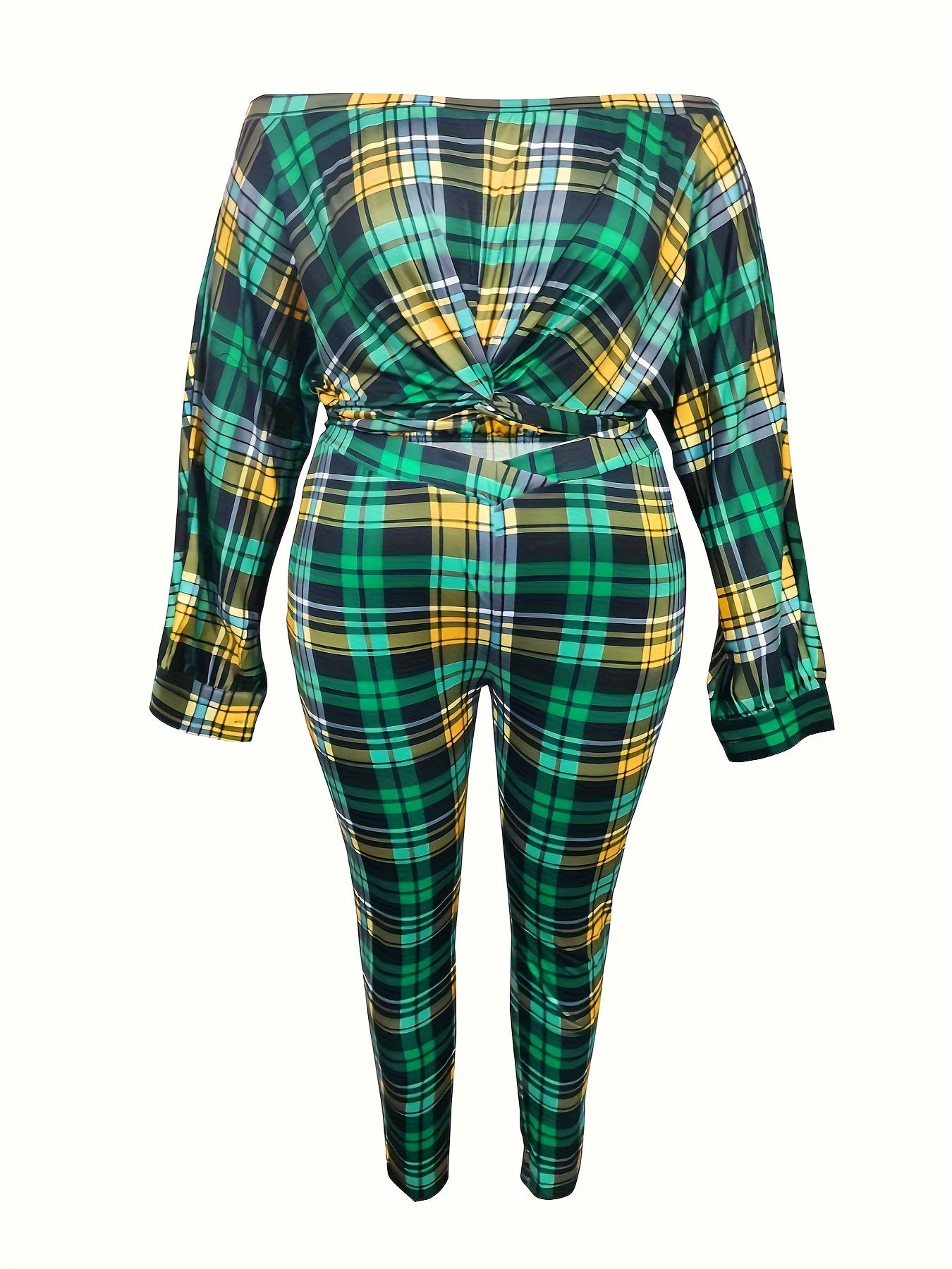 Plaid Twist Front Off Shoulder Crop Top & Leggings Set