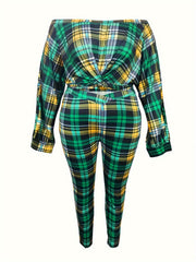 Plaid Twist Front Off Shoulder Crop Top & Leggings Set