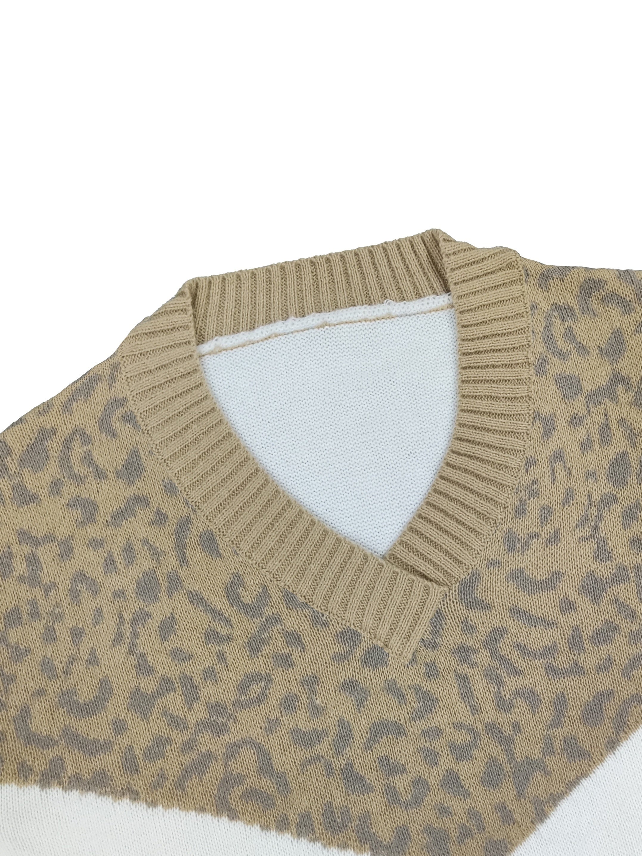 Colorblock Leopard Print V Neck Sweater