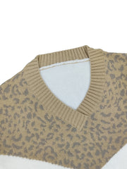 Colorblock Leopard Print V Neck Sweater