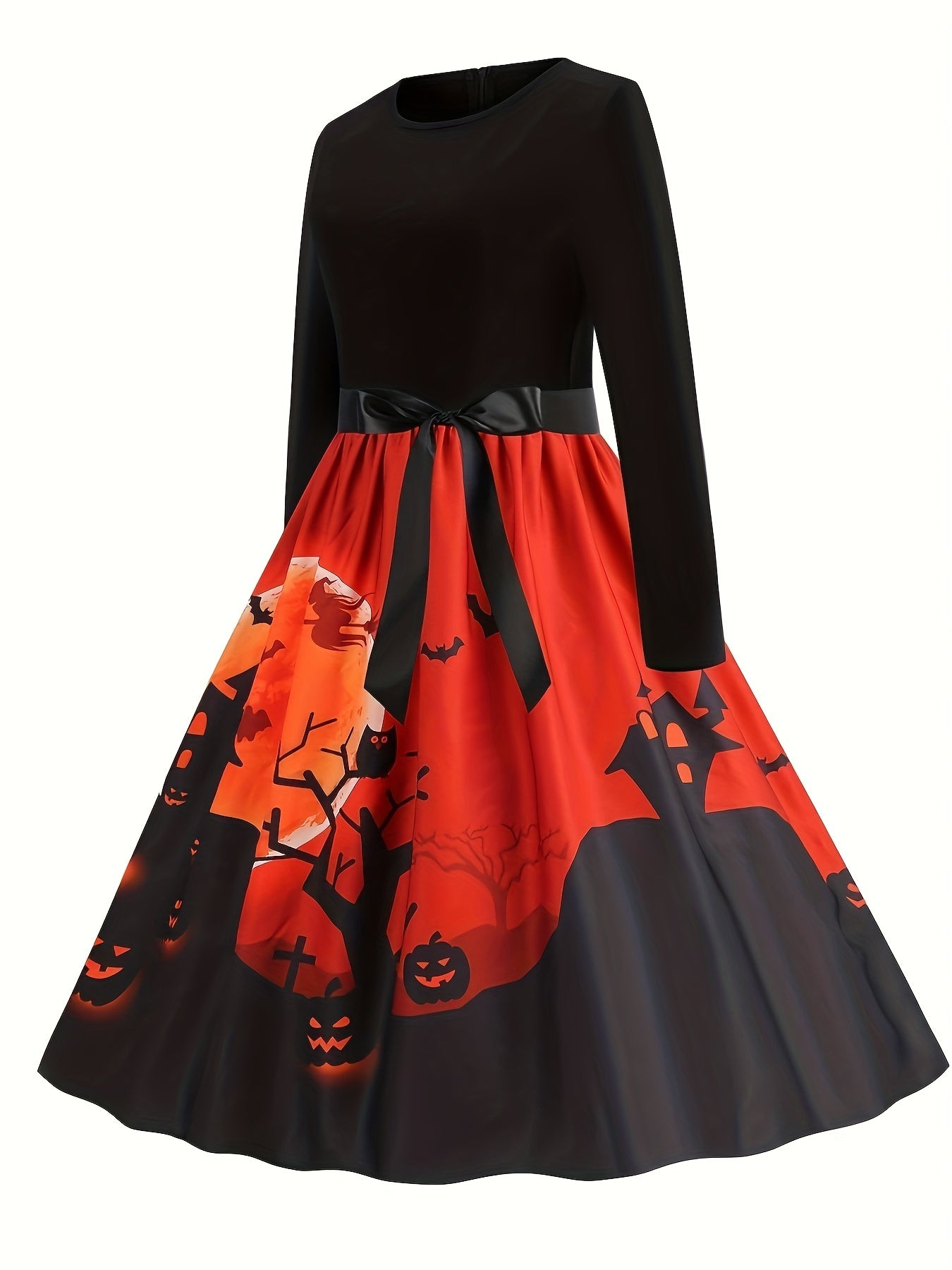 Plus Size Gothic Halloween Dress Colorblock Pumpkin Print Swing Party Dress