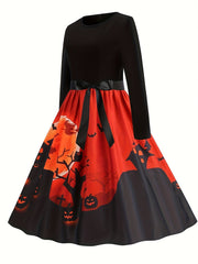 Plus Size Gothic Halloween Dress Colorblock Pumpkin Print Swing Party Dress