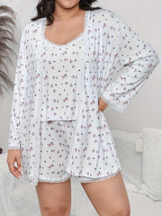 Floral Print Lace Trim Pajama Set with Robe