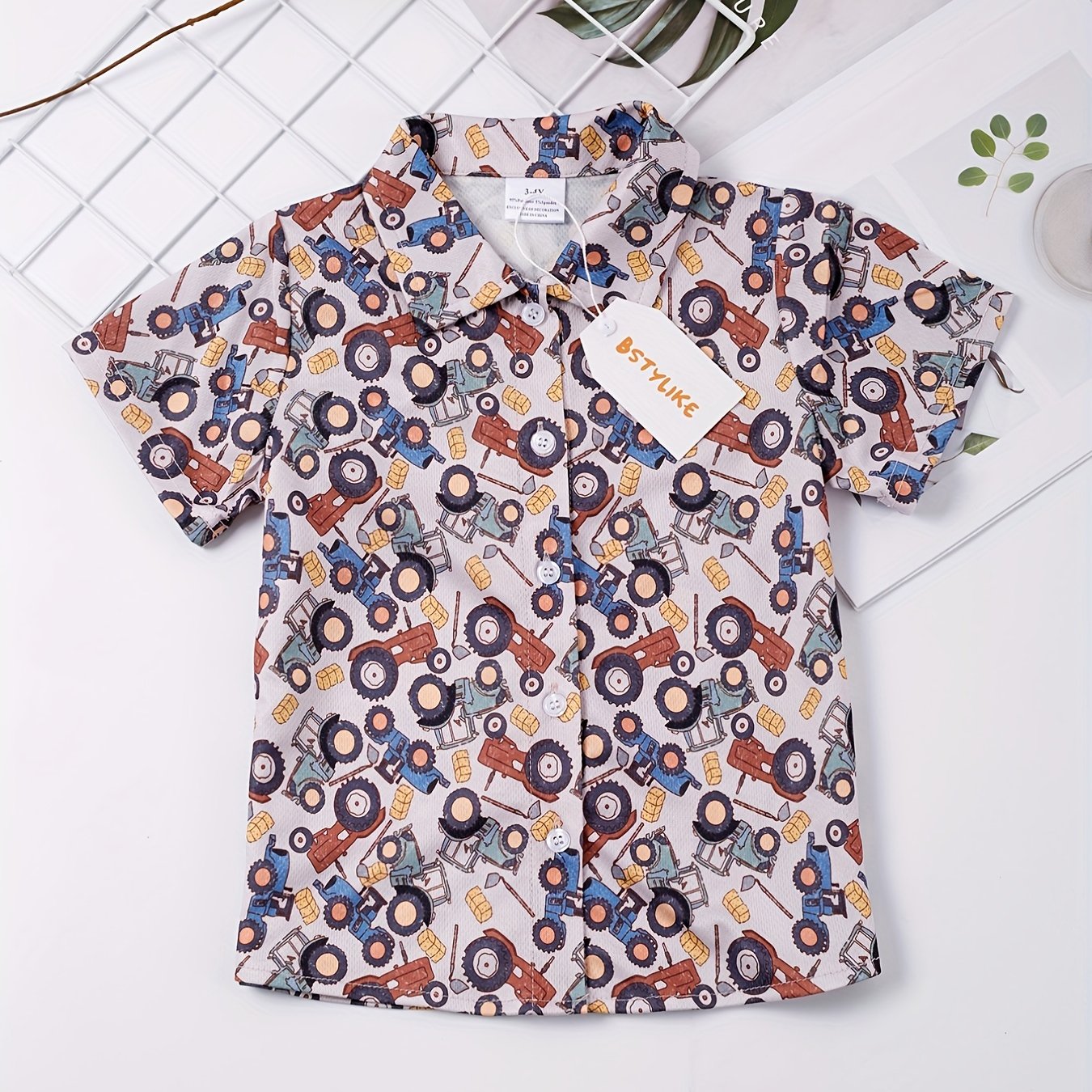 Boys Tractor Short Sleeves Button Down Shirt Tops Casual