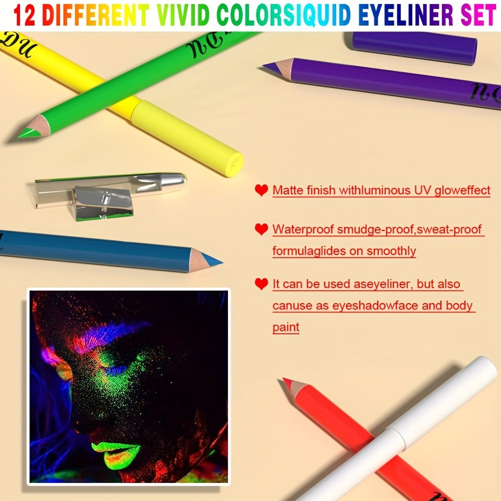 12 Colors Neon Eyeliner Pen Set Waterproof Long Lasting