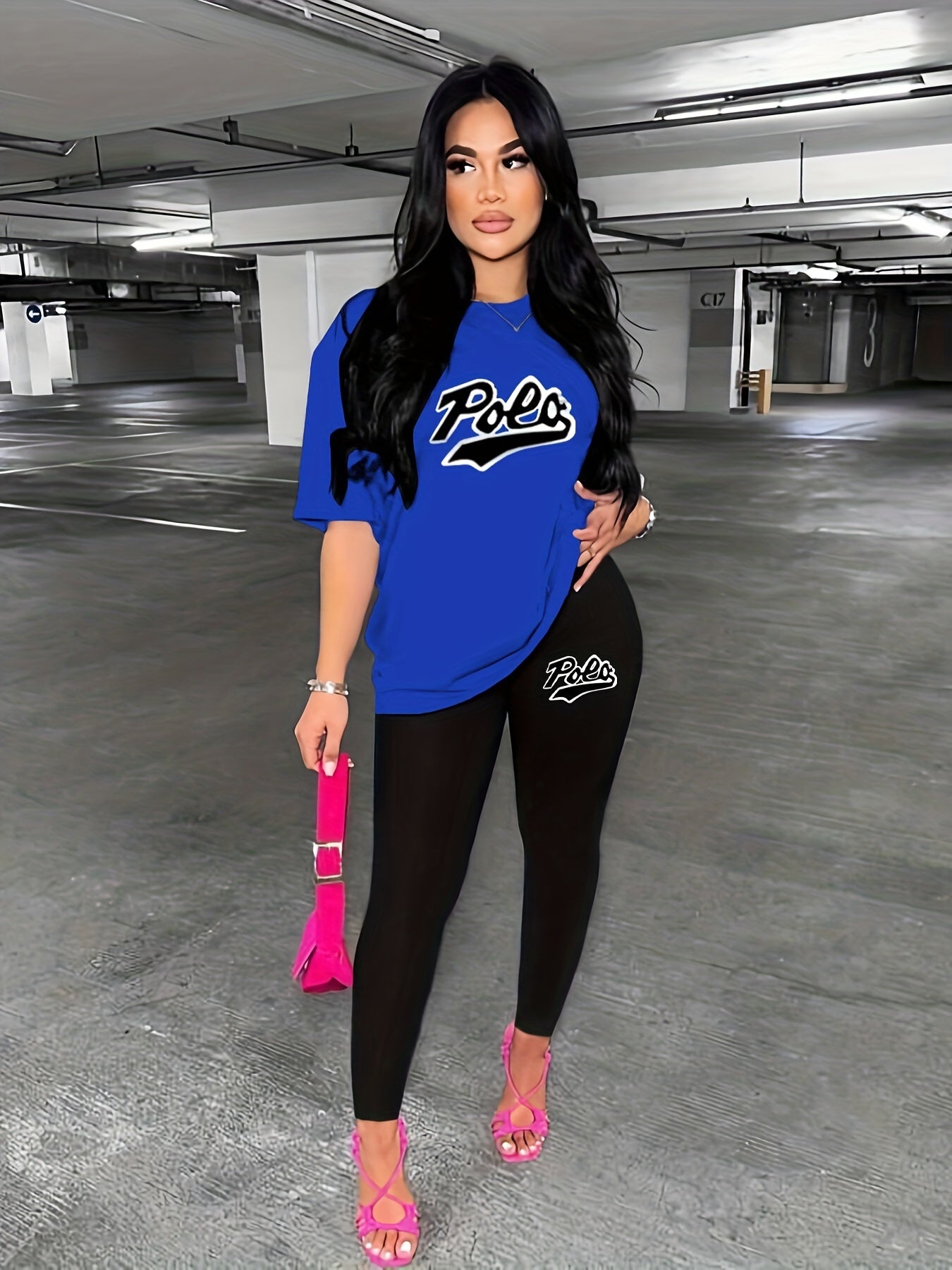 Letter Print Matching Two piece Set Short Sleeve Top & Skinny Pants Outfits