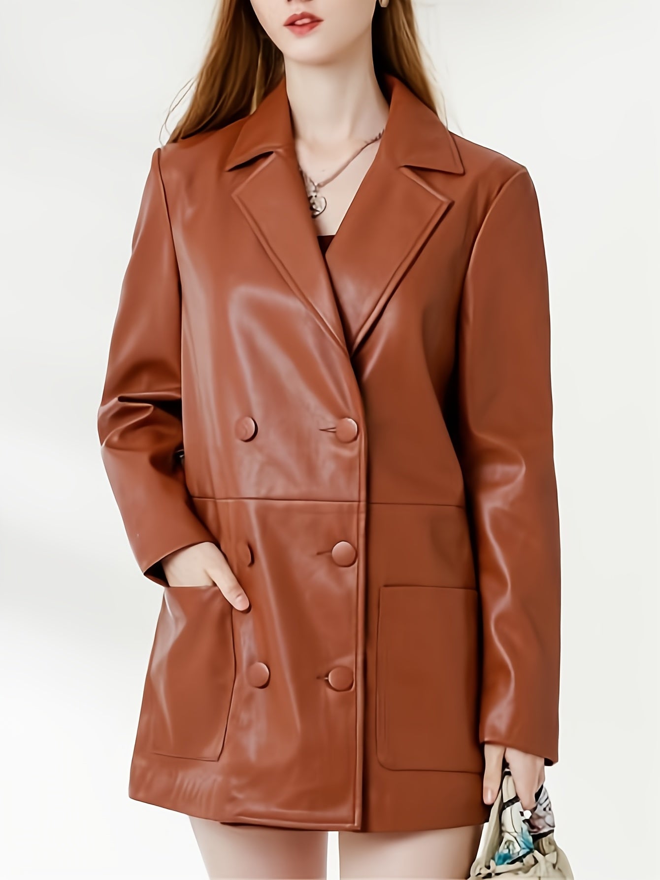 PU Leather Double Breasted Blazer Long Sleeve Lapel