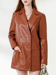 PU Leather Double Breasted Blazer Long Sleeve Lapel