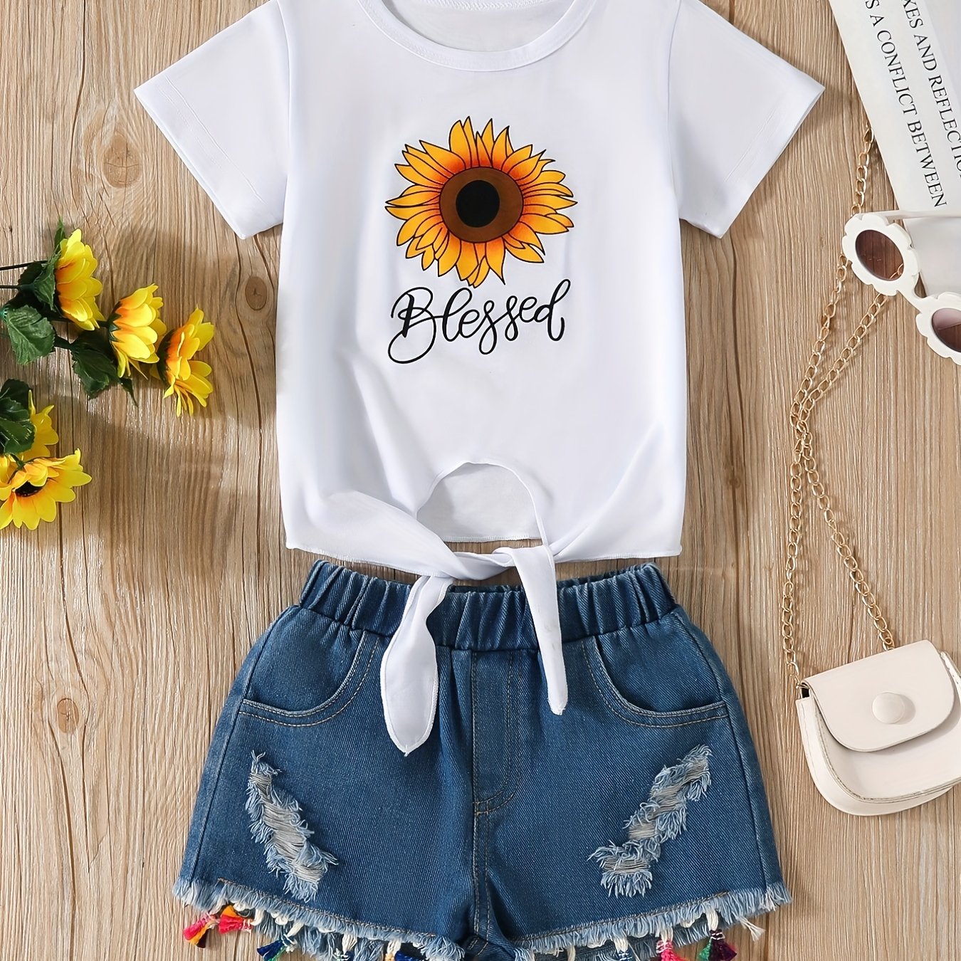 Girls Sunflower & Letter Graphic T-shirt & Denim Shorts Set