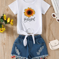 Girls Sunflower & Letter Graphic T-shirt & Denim Shorts Set