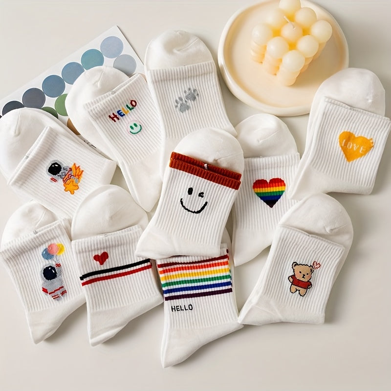 Girls Cartoon Striped Crew Socks Cotton Thin Breathable Comfy Kids Socks