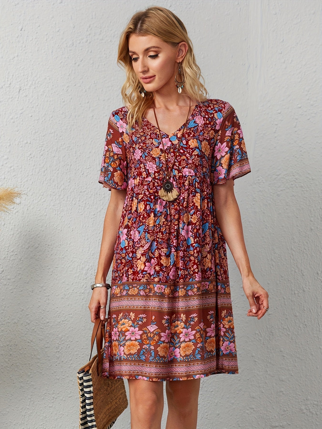 Floral Print V Neck Short Sleeve Dress for Summer