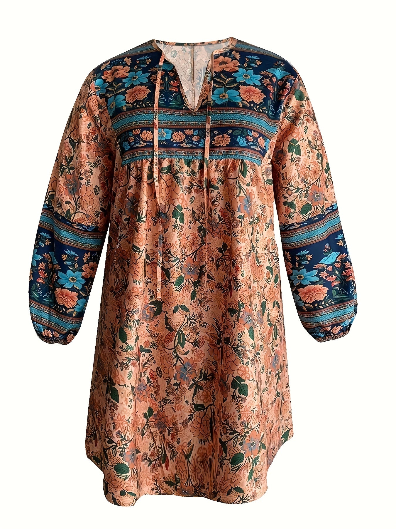 Boho Dress Women's Plus Floral Geometric Print Lantern Sleeve
