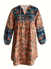 Boho Dress Women's Plus Floral Geometric Print Lantern Sleeve