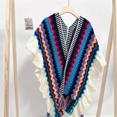 Boho Ruffles Knitted Shawl Geometric Tassel Cape