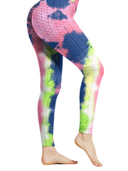 Tie Dye Seersucker Yoga Pants Honeycomb High Stretch Leggings