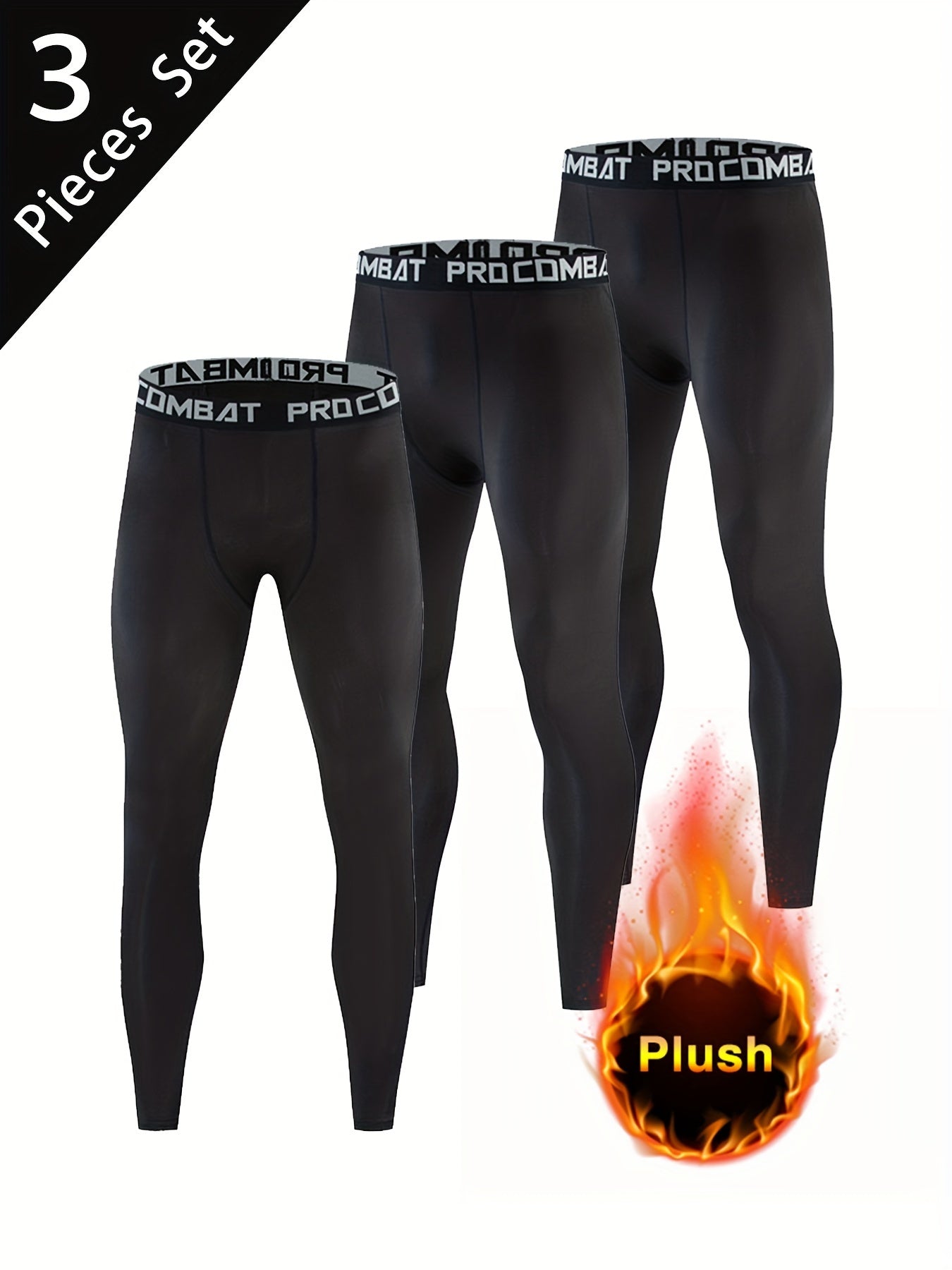 Men's Solid Sports PlushLeggings Active High Stretch Compression Pants
