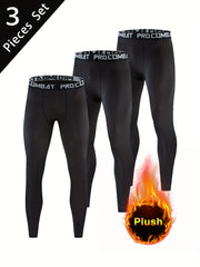 Men's Solid Sports PlushLeggings Active High Stretch Compression Pants