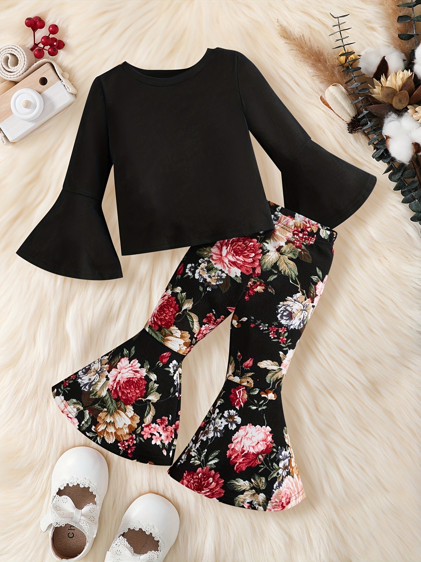 2pcs Baby Girls Floral Print Top & Trousers Set for Autumn Winter
