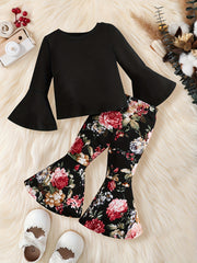 2pcs Baby Girls Floral Print Top & Trousers Set for Autumn Winter