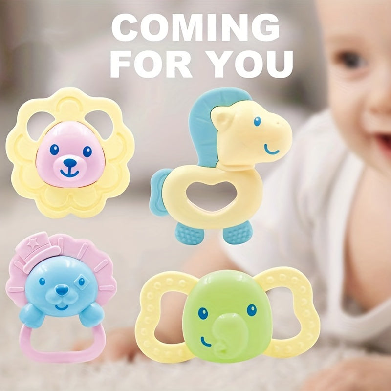4pcs Baby Rattles Teether Toy Animal Shape Molar Biteable Safe Material