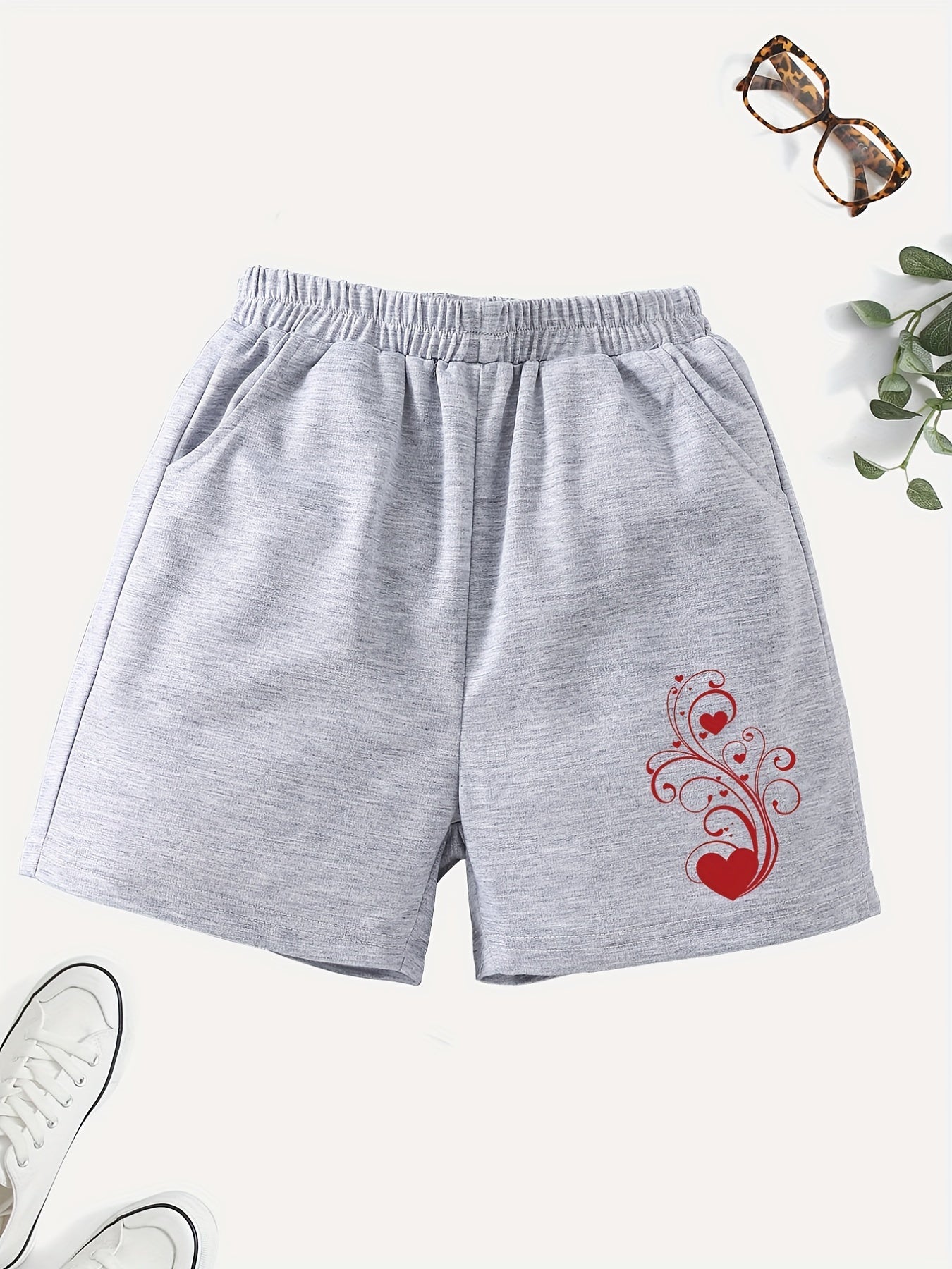 Girls' Casual Swirls & Heart Graphic Elastic Waist Shorts