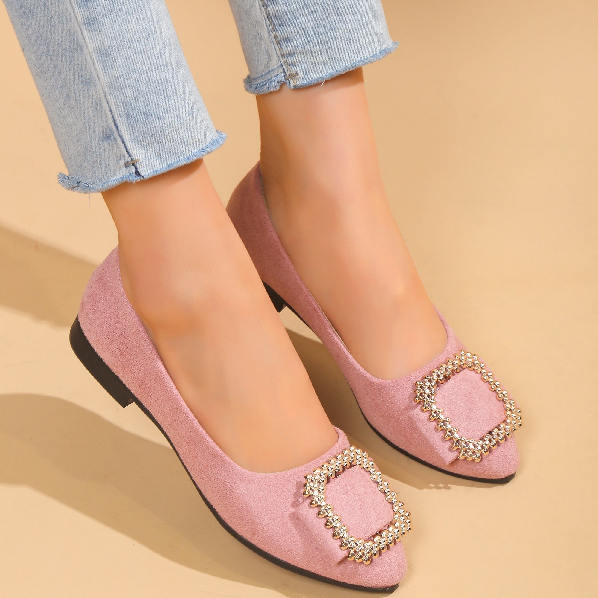 Square Buckle Flats Pointed Toe Slip On Shoes Ballet Flats
