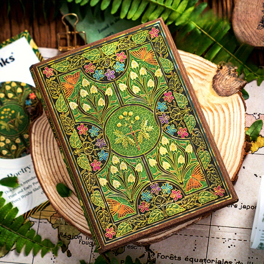 Vintage Botanical Notebook with Golden Butterfly Motif and Green Foliage