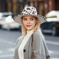 Leopard Pattern Fedora Wide Brim Winter Hat for Women
