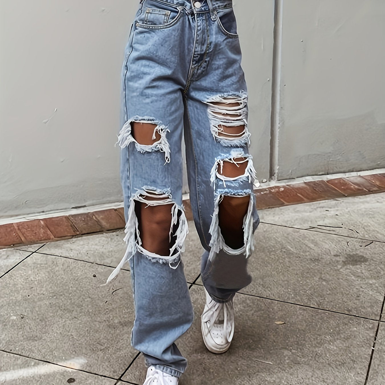 Distressed Ripped Hole Denim Pants Women's Loose Fit Straight Jeans