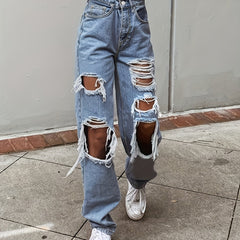 Distressed Ripped Hole Denim Pants Women's Loose Fit Straight Jeans