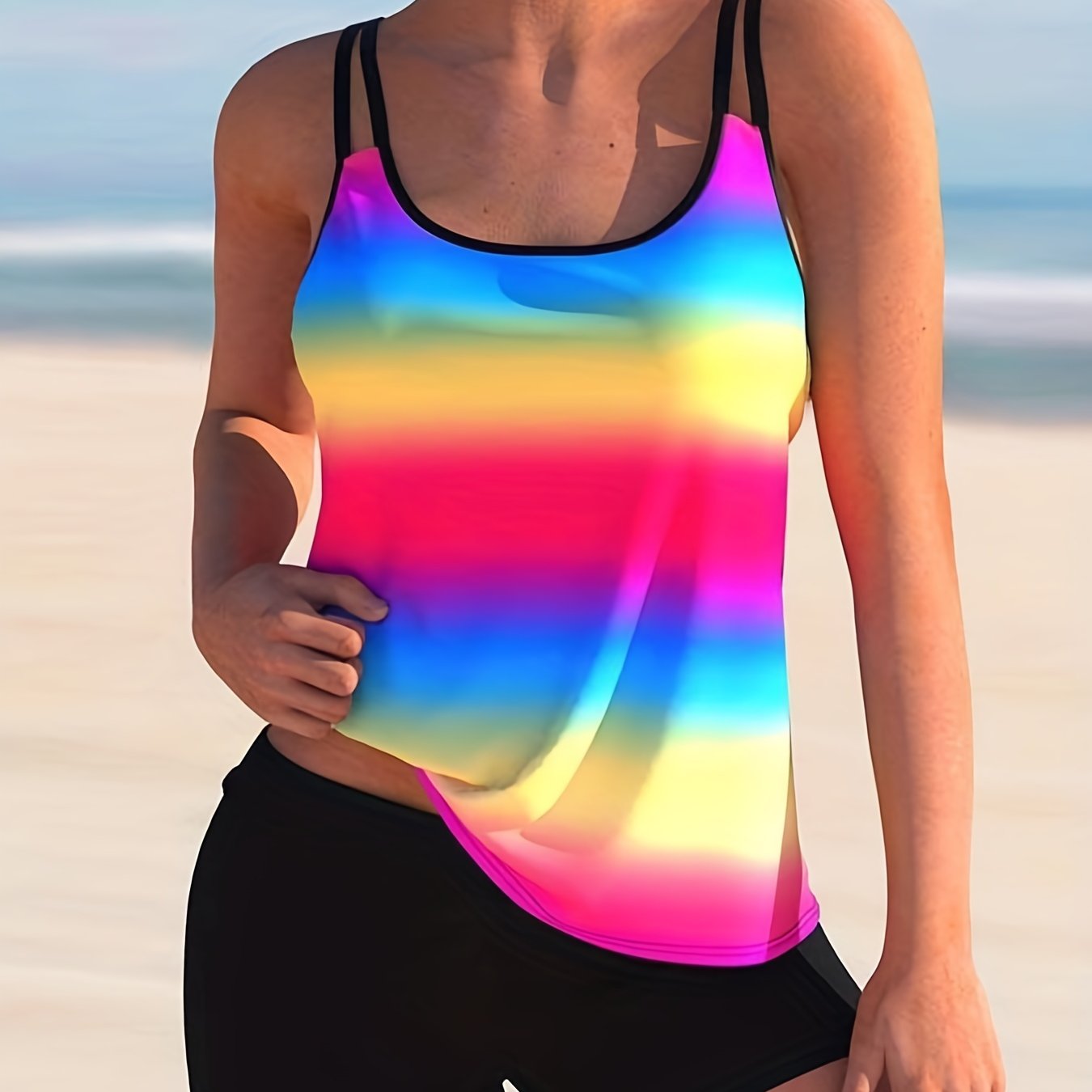 Colorblock Rainbow Stripe Tankini Set