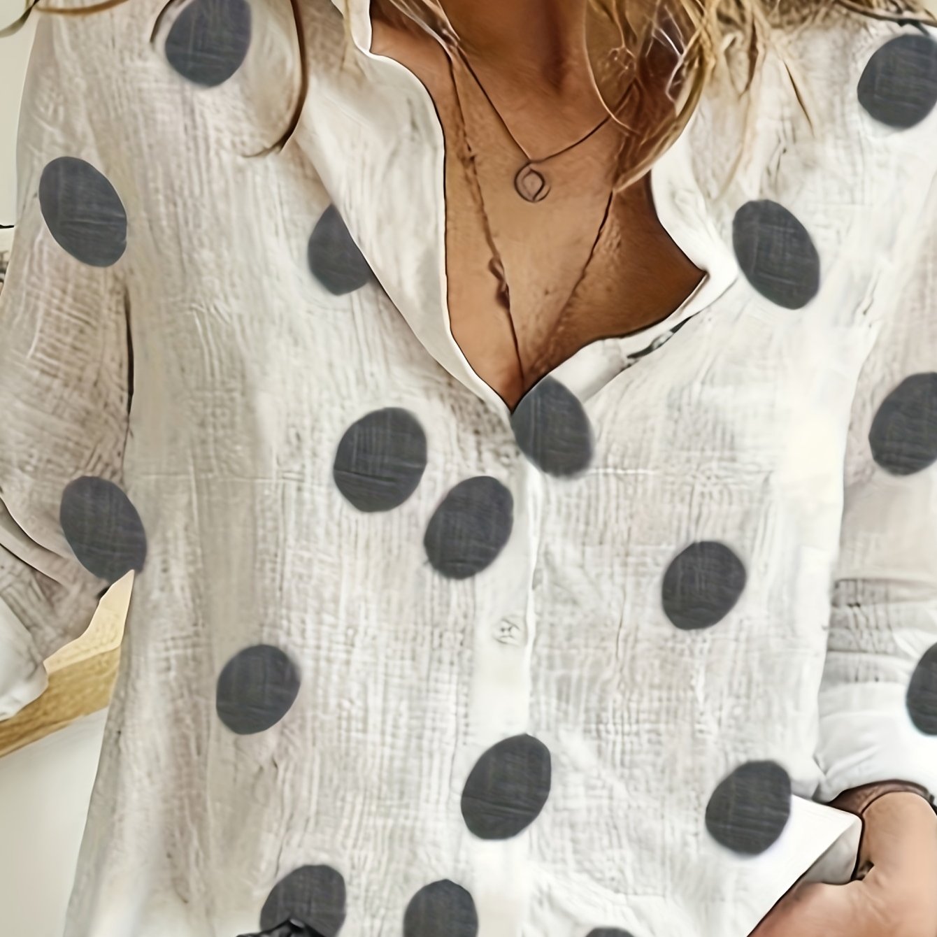 Dot Print Button Up Blouse Long Sleeve
