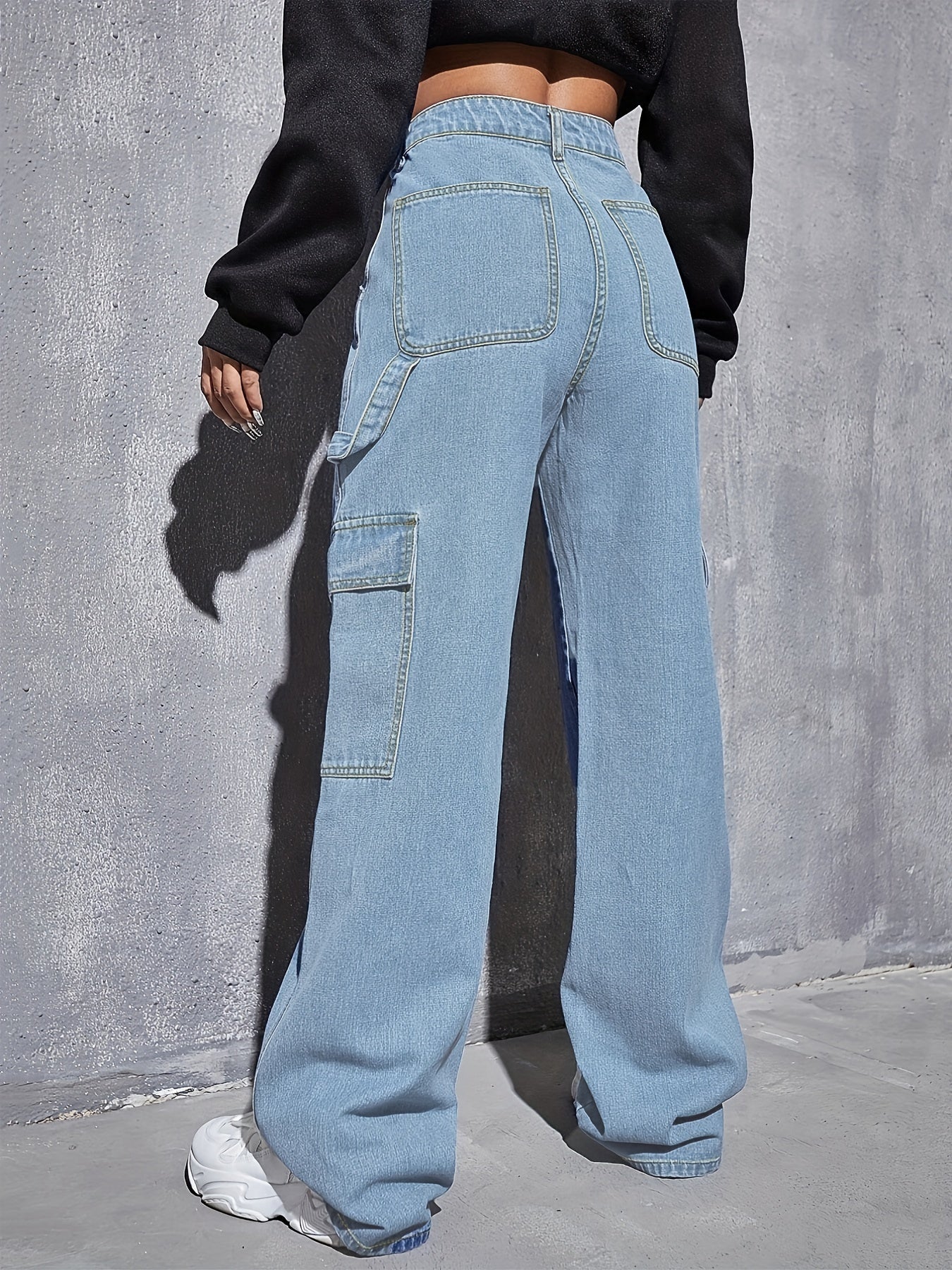 Y2K Style Baggy Cargo Pants Flap Pockets Denim Jeans