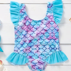Baby Girls Mermaid Print Swimsuit Ruffle Sleeve