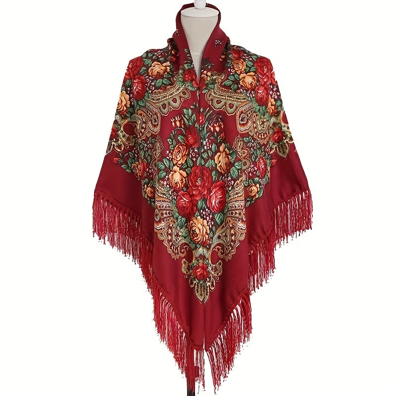 Boho Flower Print Tassel Shawl Cape Solid Cardigan Vintage Large Blanket Scarf