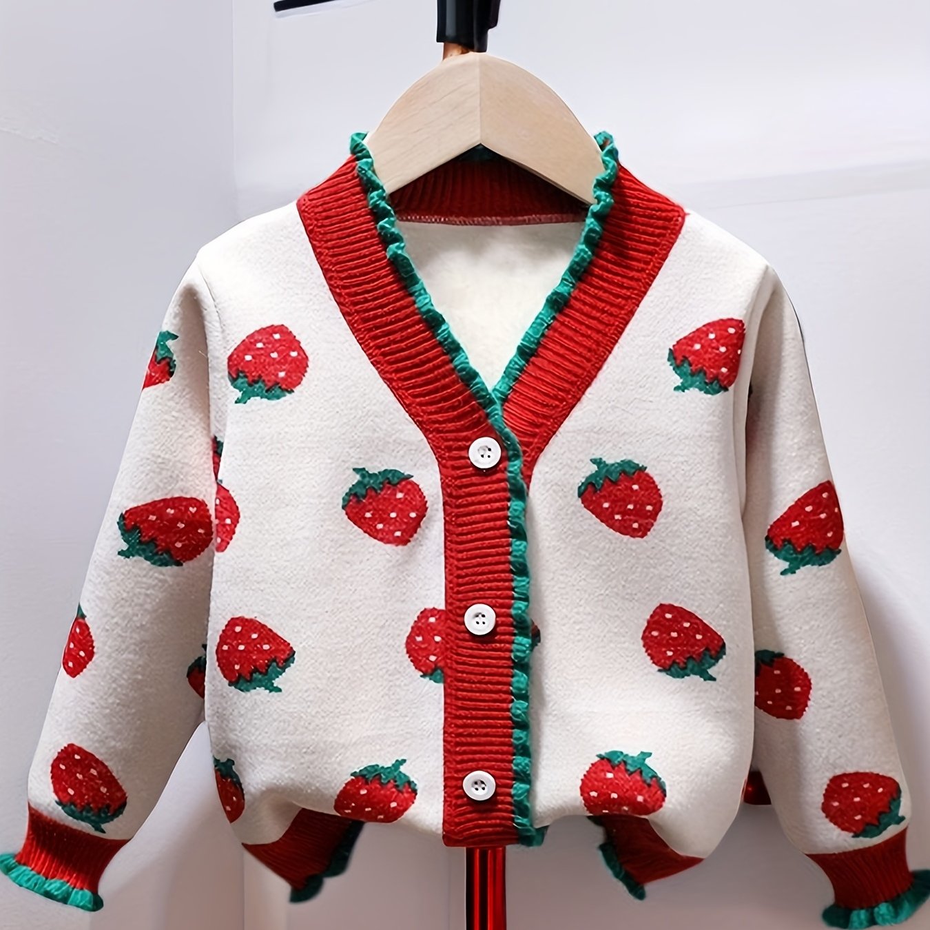 Girls Strawberry Jacquard Knit Cardigan Sweater